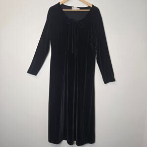 Vintage 90s Victoria Holley Black Velvet Midi Dress Tie Front Whimsigoth XL